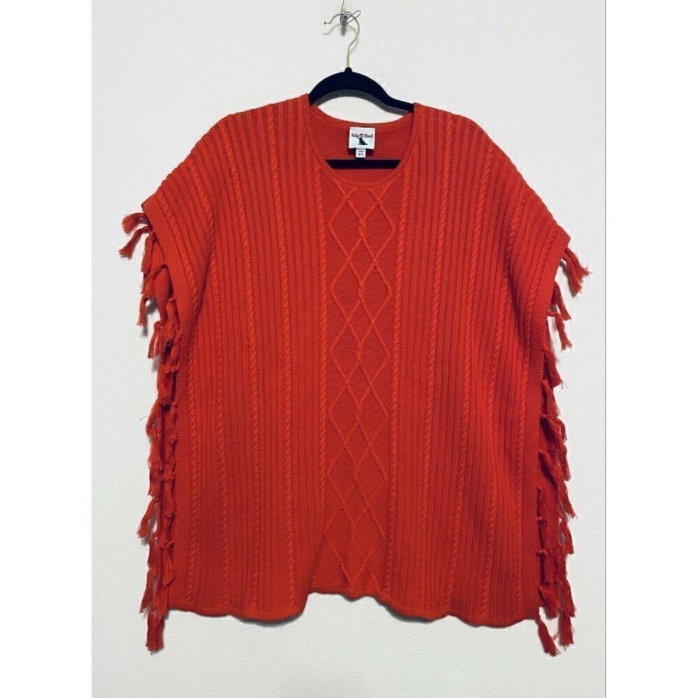 Haley and the Hound Poncho Womens One Size Red Fringed Cable Knit Topper Boho